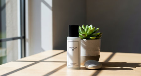 a product bottle and succulent plant sit on a table bathed in window light, creating shadows on the surfaceの素材