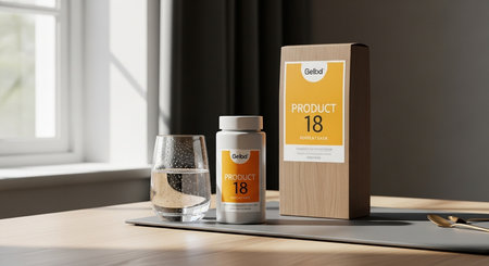 a still life featuring a gelbd product, a glass of water, and its packaging on a table near a window.の素材