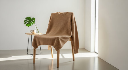 a cozy beige sweater is draped over a wooden chair in a bright minimalist room with a monstera plant.の素材