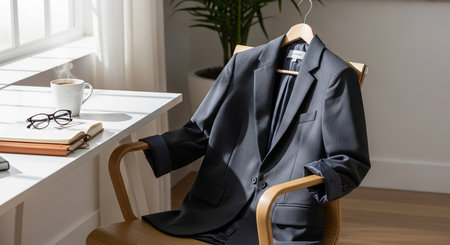 a blazer hangs on a chair next to a desk with coffee glasses and a notebook in a bright and airy roomの素材