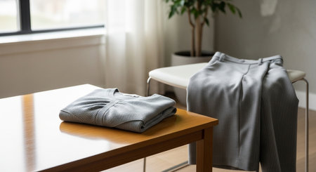 a sweater on a table and pants on a chair, in a bright room with a plant, modern and minimalist styleの素材