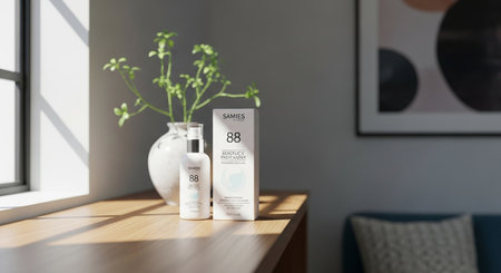 a product shot of samies skincare with a bottle and box on a wooden surface with natural light and greeneryの素材