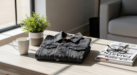 a folded denim jacket sits on a table with a mug plant books and glasses in a bright living room settingの素材