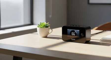 a spreh device and a succulent plant sit on a light table near a window in a modern, minimalist settingの素材