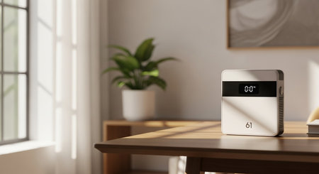 a white air purifier sits on a wooden table, with a plant and window in the background, indoors and brightの素材