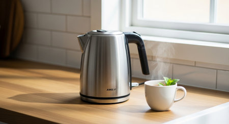 a stainless steel kettle sits on a wooden counter next to a cup of tea with steam near a bright windowの素材