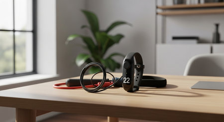 Modern headphones on a wooden table in the office. 3d renderingの素材