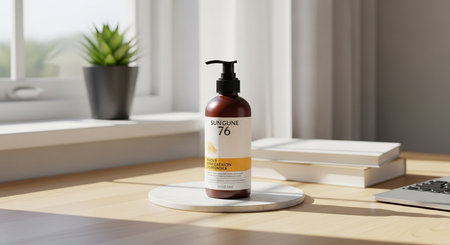 Shower gel bottle on a wooden tableの素材