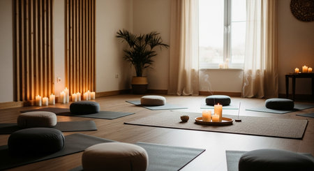 A peaceful and serene yoga and meditation studio featuring yoga mats, zafus, lit candles, and incense for a calming wellness experience.の素材