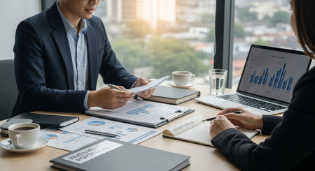 Two business professionals collaborate, reviewing financial charts and investment data on documents and a laptop in a bright office meeting.の素材