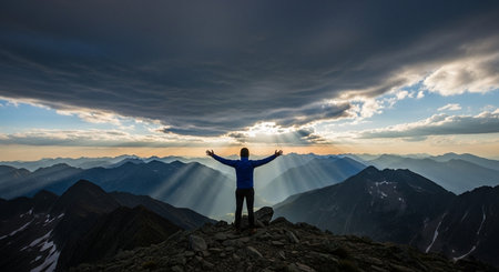 A person stands triumphantly on a mountain peak, arms outstretched, bathed in dramatic sun rays piercing through dark clouds over a vast mountain range. Symbolizes achievement, freedom.の素材