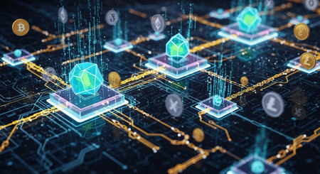 Futuristic blockchain network with glowing circuit lines, connecting digital assets and crypto coins like Bitcoin and Ethereum for secure transactions and data processing.の素材