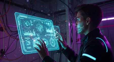A woman in a futuristic setting interacts with a glowing holographic interface displaying complex data visualizations and charts, representing advanced technology and innovation.の素材