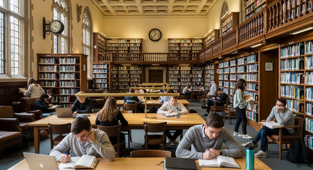 Focused university students diligently study in a beautiful, classic library filled with books. An ideal academic setting for learning and research.の素材