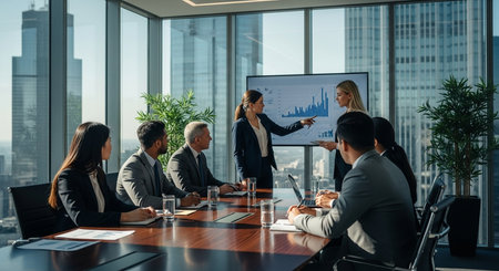 Diverse business team collaborating in a high-rise office. Two women present financial data on a screen during a strategic meeting with city views. Professional corporate environment.の素材