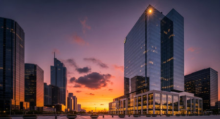 Stunning city skyline at sunset, featuring modern glass skyscrapers reflecting the dramatic orange and purple sky. Urban landscape at dusk.の素材