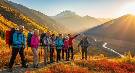 Group of senior people hiking in the mountains at sunset. Hiking conceptの素材