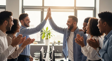 A diverse group of cheerful business people in a bright office celebrates a successful project. Two men high-five enthusiastically while their colleagues applaud and smile, conveying teamwork, achievement, and a positive work environment.の素材