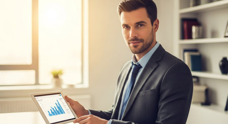 A confident young businessman in a stylish suit and blue tie holds a digital tablet displaying financial charts, working efficiently in a bright office. He looks directly at the camera, symbolizing business analysis, technology, and success.の素材