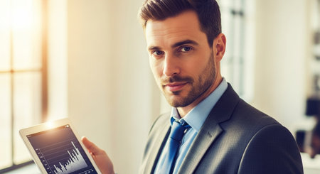 A confident young businessman with a beard and suit holds a digital tablet showing a financial graph. He looks directly at the viewer, representing concepts of business, finance, and technology in a sunlit office setting.の素材