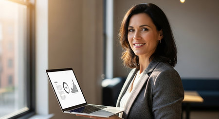 A confident, smiling businesswoman holds an open laptop displaying financial charts and data. She looks directly at the camera in a brightly lit modern office setting, representing business success, analytics, and professional achievement.の素材