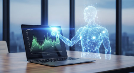 A glowing digital human figure, made of interconnected dots, points to a dynamic data graph on a laptop screen. This illustrates advanced AI, machine learning, and human-computer interaction in a futuristic business or research environment.の素材