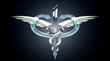 Sleek 3D rendered caduceus symbol featuring polished silver wings and a stylized central rod, entwined by two translucent blue glass serpents with red tongues. Set against a dark, dramatic background, this elegant design embodies medicine, healing, and authority with a modern, futuristic aesthetic.の素材
