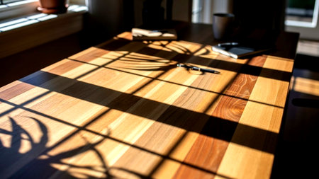 Close-up of a striped wooden table bathed in natural sunlight. Strong, geometric shadows from a window and a plant's silhouette create a dramatic effect. A pen rests on the surface, evoking a sense of calm and focused work or relaxation.の素材
