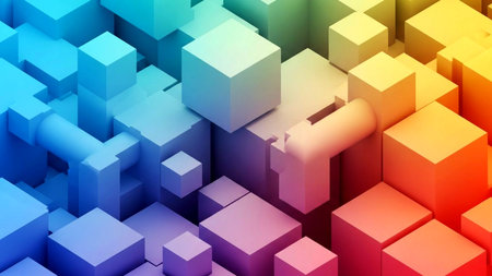 A visually striking abstract background features a complex arrangement of three-dimensional cubes and cylinders, rendered in a smooth, vibrant rainbow color gradient. This isometric design provides a modern and dynamic geometric texture.の素材