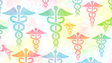 Vibrant watercolor Caduceus symbols repeat in a seamless pattern, ideal for medical, health, and wellness backgrounds, presentations, and branding.の素材