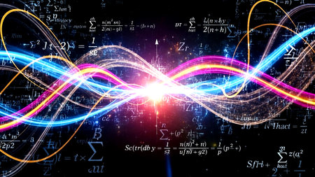 Complex mathematical formulas and dynamic glowing light waves on a dark background, representing scientific research, technological innovation, and digital data analysis.の素材