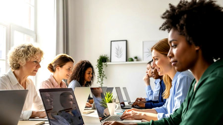 A group of diverse professional women actively working on laptops, collaborating and focusing intently in a sunlit contemporary office setting, representing teamwork and female empowerment.の素材