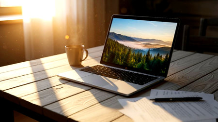 A modern laptop displaying a scenic mountain wallpaper, alongside a steaming coffee mug, rests on a rustic wooden table bathed in warm golden morning sunlight, creating an ideal home office atmosphere.の素材