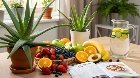 Healthy eating and dieting concept. Fresh fruits and vegetables on wooden table.の素材