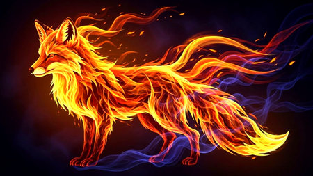 Illustration of a red fox with fire flames on a dark backgroundの素材