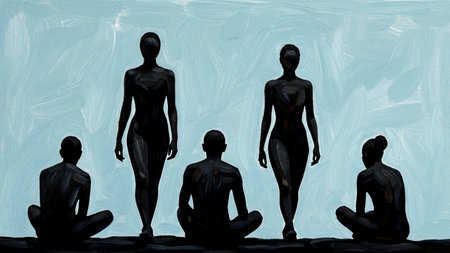 Three black silhouettes of men and women sitting in lotus positionの素材
