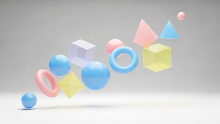 3d rendering of geometric shapes in pastel colors isolated on white backgroundの素材