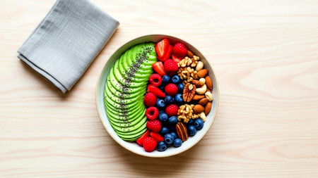 A colorful and nutritious acai bowl topped with sliced avocado, mixed berries, and a variety of nuts. Perfect for a healthy breakfast or snack.の素材