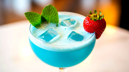 A vibrant blue cocktail garnished with a fresh strawberry and mint leaves, served in a elegant glass with blue ice cubes.の素材