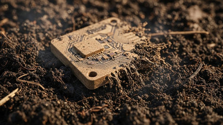 An old circuit board lies abandoned in the soil, partially covered by dirt and small plants. The intricate patterns and components of the board are visible, contrasting with the natural surroundings.の素材