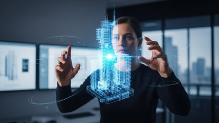 A professional architect is seen interacting with a holographic 3D model of a building, showcasing the integration of technology in modern architecture and design.の素材