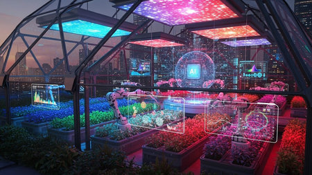 A high-tech greenhouse featuring advanced AI technology to optimize plant growth and monitor environmental conditions.の素材