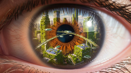 A surreal image of a futuristic cityscape viewed through a human eye, showcasing advanced architecture and green energy solutions.の素材