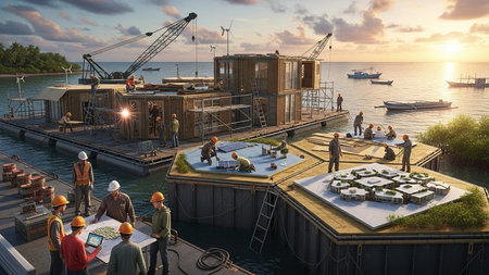 A group of workers in hard hats are actively constructing a floating structure on the water, utilizing cranes and various tools. The scene is set during sunset, with boats and greenery in the background.の素材