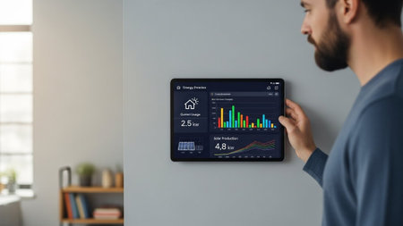 A man is seen adjusting settings on a smart home energy monitor mounted on a wall. The display shows current energy usage and solar production data.の素材