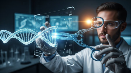 A scientist in a lab coat and gloves uses a virtual magnifying glass to examine a digital DNA structure, surrounded by holographic data and lab equipment.の素材