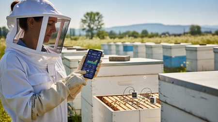 A beekeeper in protective gear checks data on a smartphone while standing next to several beehives in an open field.の素材