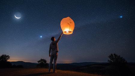 A person releases a glowing lantern into the night sky, surrounded by a starry backdrop and a crescent moon.の素材