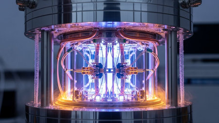 A sophisticated quantum computing device with intricate wiring and glowing components, showcasing cutting-edge technology.の素材