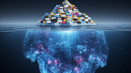 An iceberg with the tip showing various communication apps and the base revealing a complex network of data connections.の素材